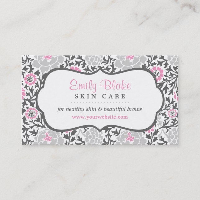 Gray and Pink Floral Damask Appointment Card (Front)