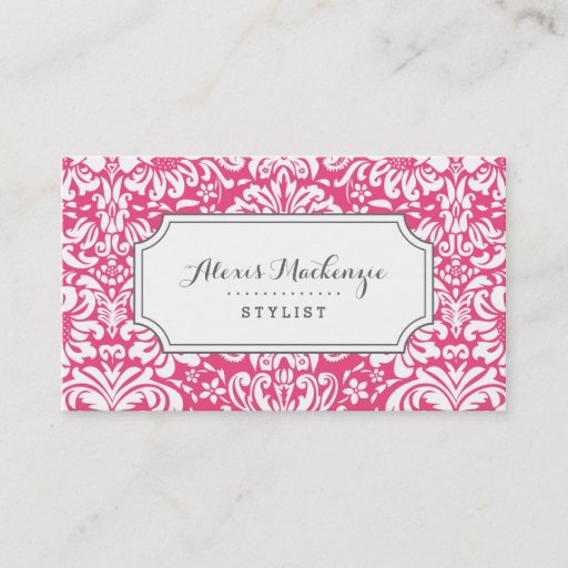Customizable Gray and Pink Floral Damask Business Cards