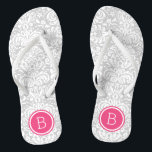 Gray and Pink Floral Damask Monogram Flip Flops<br><div class="desc">Custom printed flip flop sandals with a stylish elegant floral damask pattern and your custom monogram or other text in a circle frame. Click Customize It to change text fonts and colors or add your own images to create a unique one of a kind design!</div>