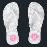 Gray and Pink Floral Damask Monogram Flip Flops<br><div class="desc">Custom printed flip flop sandals with a stylish elegant floral damask pattern and your custom monogram or other text in a circle frame. Click Customize It to change text fonts and colors or add your own images to create a unique one of a kind design!</div>