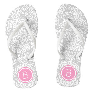 Gray and Pink Floral Damask Monogram Flip Flops
