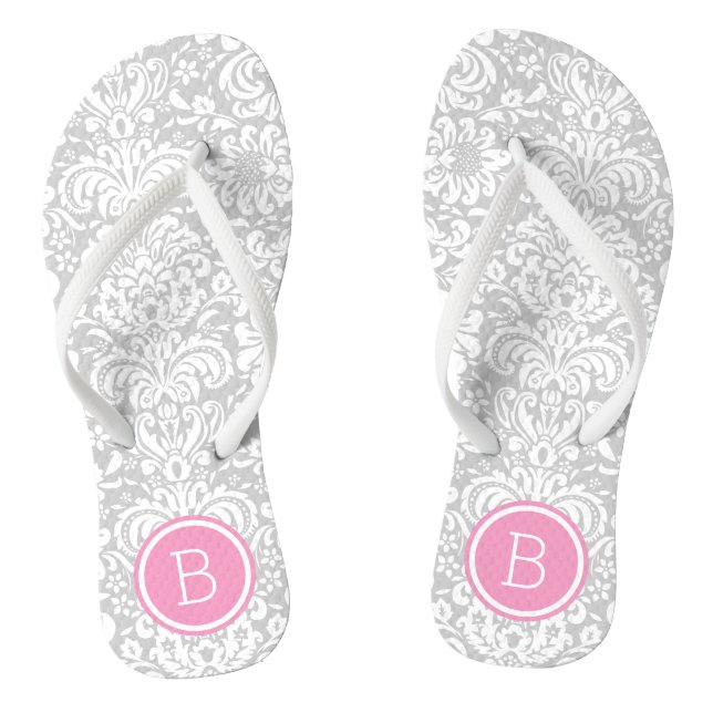 Gray and Pink Floral Damask Monogram Flip Flops (Footbed)