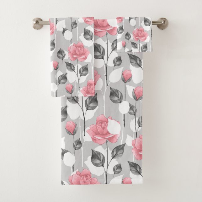Gray and pink. Floral pattern Bath Towel (Insitu)