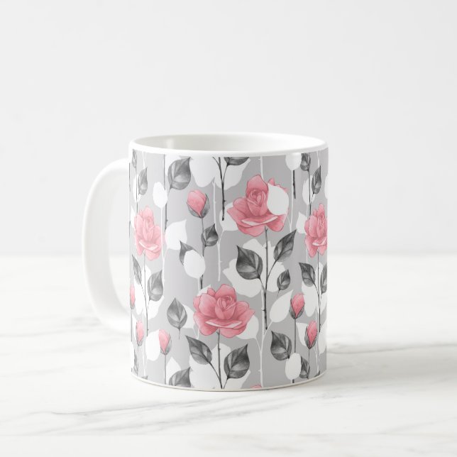 Gray and pink. Floral pattern Coffee Mug (Front Left)
