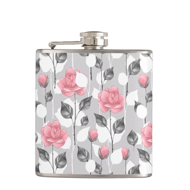 Gray and pink. Floral pattern Flask (Front)