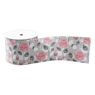 Gray and pink. Floral pattern Grosgrain Ribbon