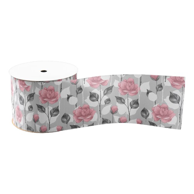 Gray and pink. Floral pattern Grosgrain Ribbon (Spool)