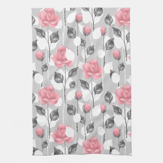 Gray and pink. Floral pattern Kitchen Towel (Vertical)