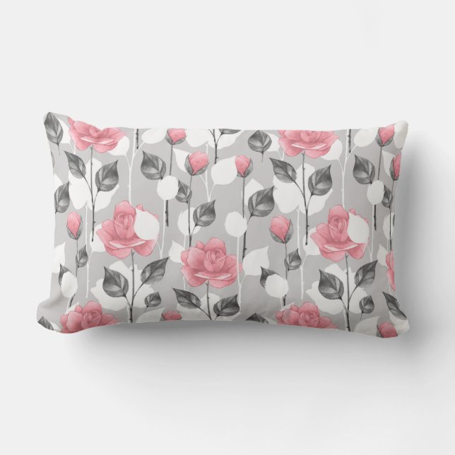 Gray and pink. Floral pattern Lumbar Pillow (Front)