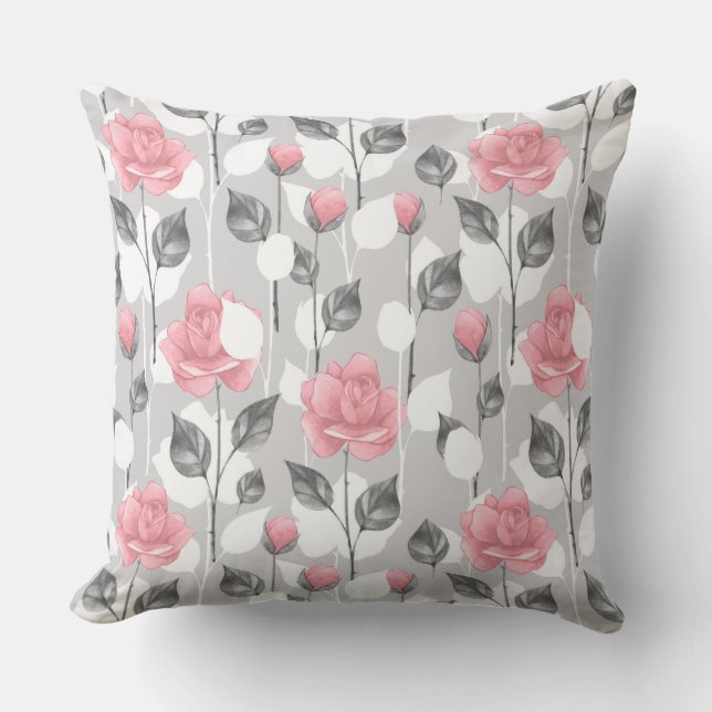 Gray and pink. Floral pattern Outdoor Pillow (Front)