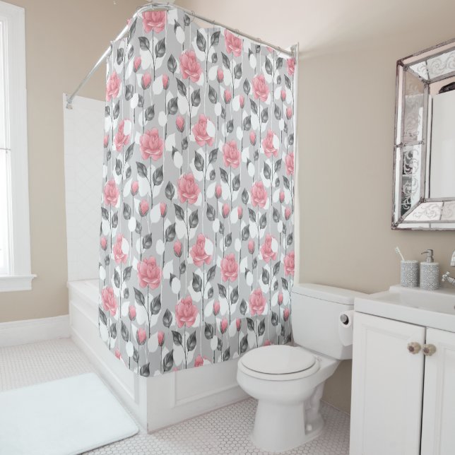 Gray and pink. Floral pattern Shower Curtain (In Situ)
