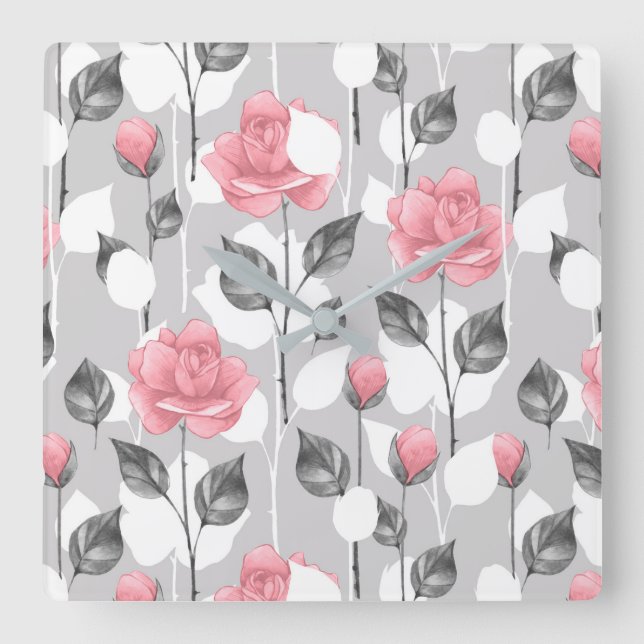 Gray and pink. Floral pattern Square Wall Clock (Front)