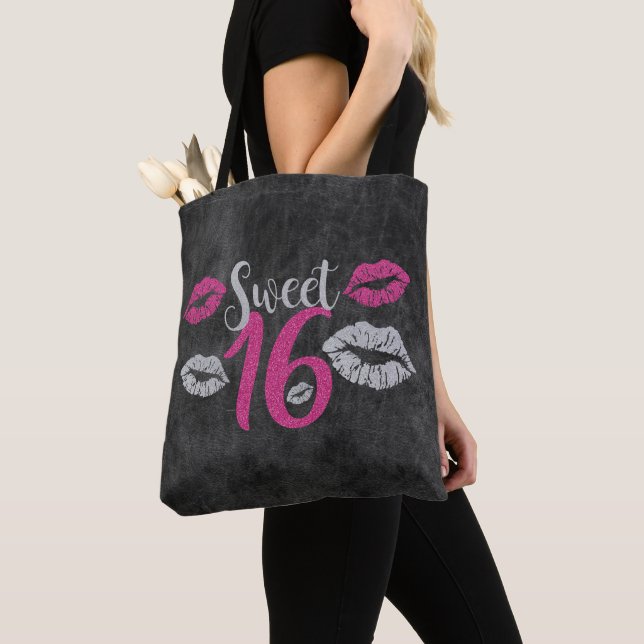 Gray And Pink Glitter Lips Tote Bag (Close Up)