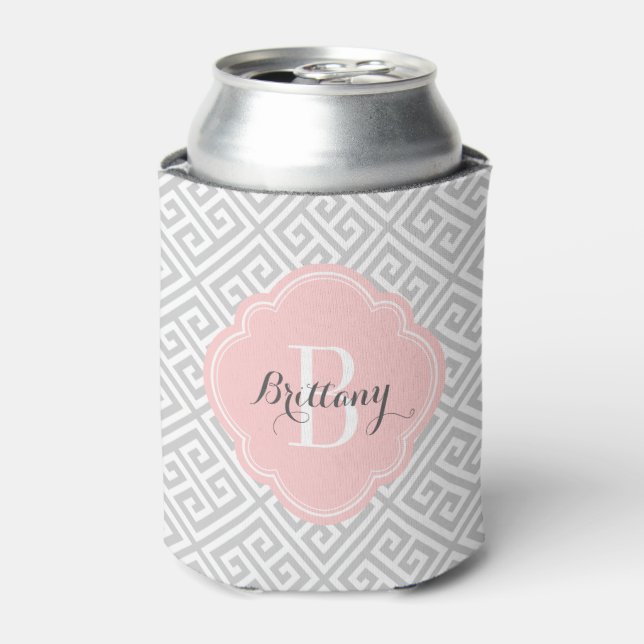 Gray and Pink Greek Key Monogram Can Cooler (Can Front)