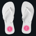 Gray and Pink Greek Key Monogram Flip Flops<br><div class="desc">Custom printed flip flop sandals with a stylish modern Greek key pattern and your custom monogram or other text in a circle frame. Click Customize It to change text fonts and colors or add your own images to create a unique one of a kind design!</div>