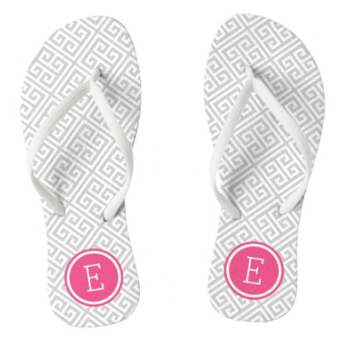 Gray and Pink Greek Key Monogram Flip Flops