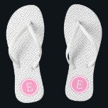 Gray and Pink Greek Key Monogram Flip Flops<br><div class="desc">Custom printed flip flop sandals with a stylish modern Greek key pattern and your custom monogram or other text in a circle frame. Click Customize It to change text fonts and colors or add your own images to create a unique one of a kind design!</div>