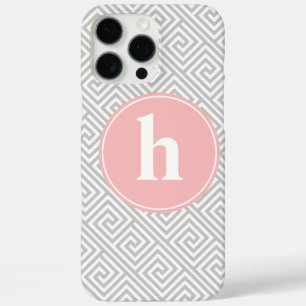 Gray and Pink Greek Key Pattern Monogram iPhone 16 Pro Max Case