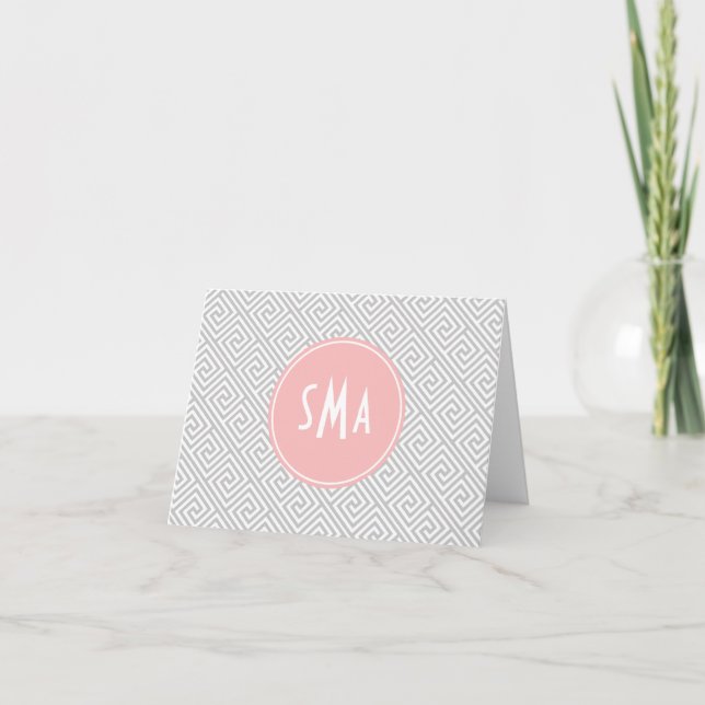 Gray and Pink Greek Key Pattern Monogram Note Card (Front)