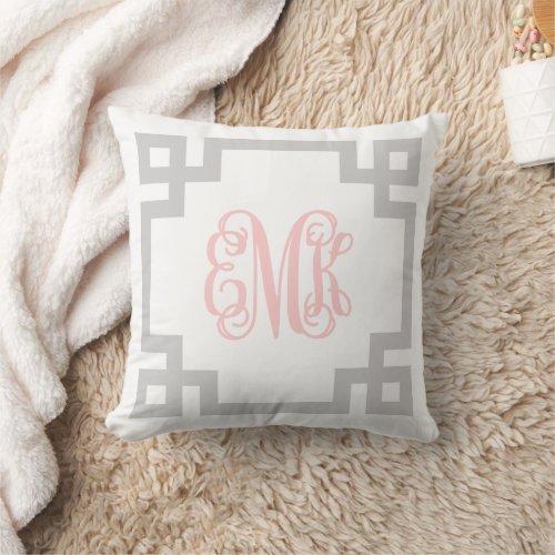 Gray and Pink Greek Key Script Monogram Throw Pillow