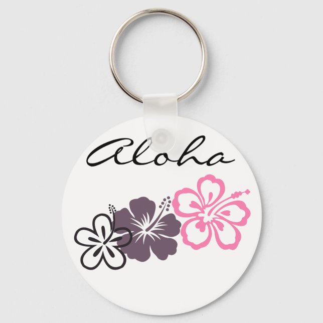 gray and pink hibiscus Hawaiian  theme Keychain (Front)