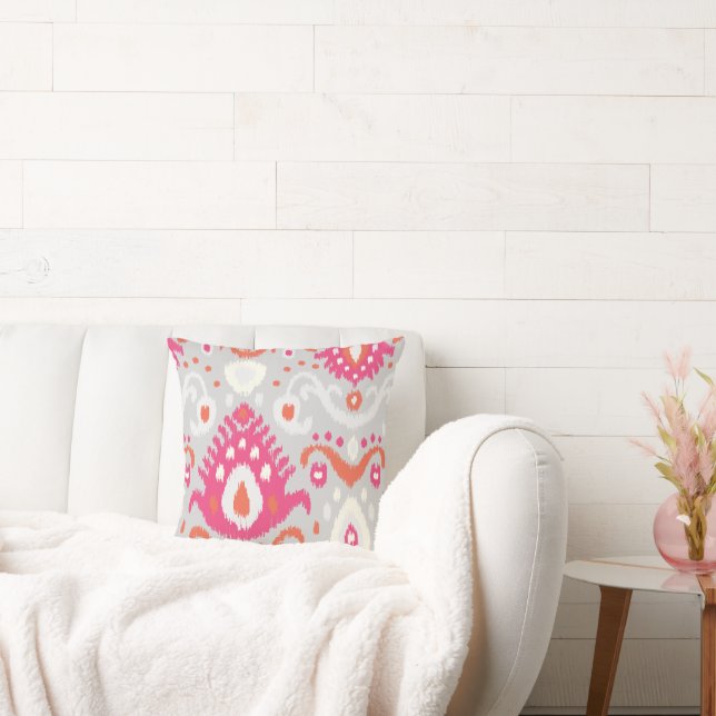 Gray and Pink Ikat Print Throw Pillow (Couch)