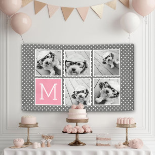 Gray and Pink Instagram 5 Photo Collage Monogram Banner