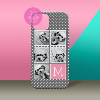 Gray and Pink Instagram 5 Photo Collage Monogram Case-Mate iPhone 14 Plus Case