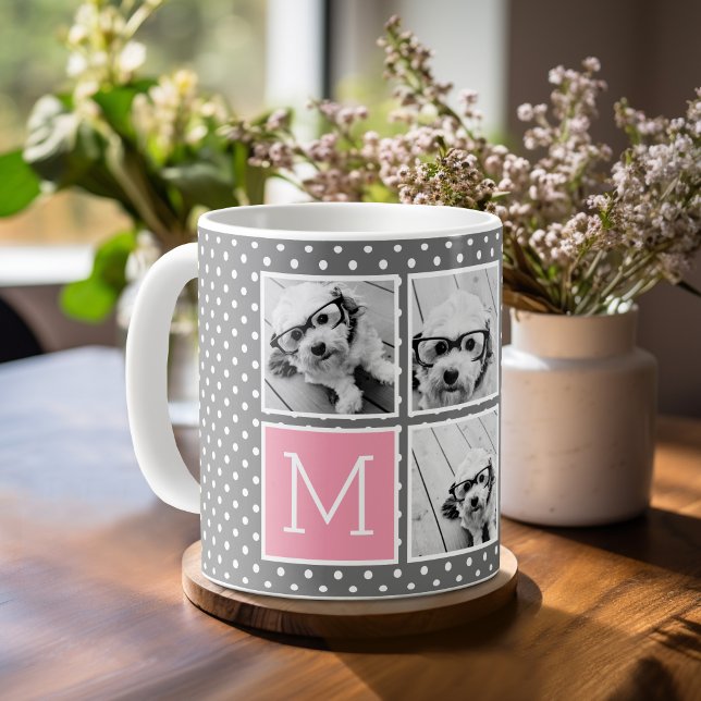 Gray and Pink Instagram 5 Photo Collage Monogram Coffee Mug