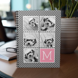 Gray and Pink Instagram 5 Photo Collage Monogram Notebook
