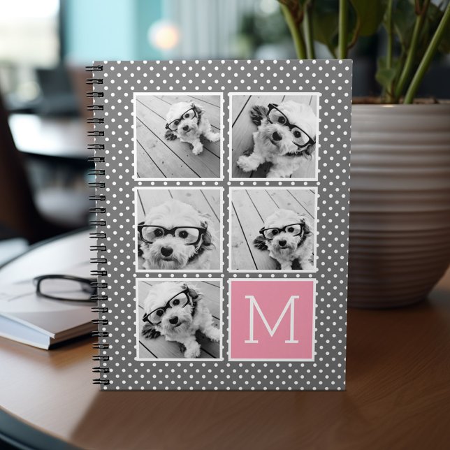 Gray and Pink Instagram 5 Photo Collage Monogram Notebook (Personalized notebook - add photos and your name or other text)