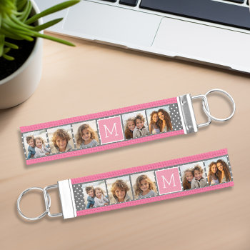 Gray And Pink Instagram 5 Photo Collage Monogram Wrist Keychain by MarshEnterprises at Zazzle