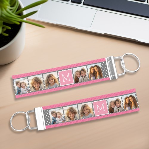 Gray and Pink Instagram 5 Photo Collage Monogram Wrist Keychain