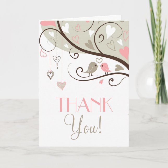Gray and Pink Love Birds Wedding Thank You Card (Front)