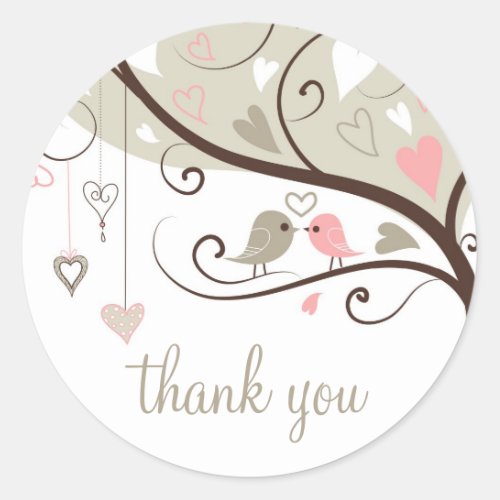 Gray and Pink Love Birds Wedding Thank You Sticker