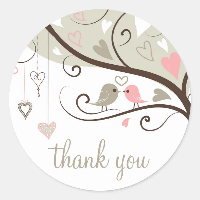 Gray and Pink Love Birds Wedding Thank You Sticker | Zazzle