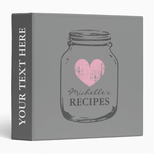 Gray and pink mason jar kitchen recipe binder book (Front/Spine)