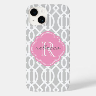 Gray and Pink Modern Trellis Custom Monogram Case-Mate iPhone 14 Case