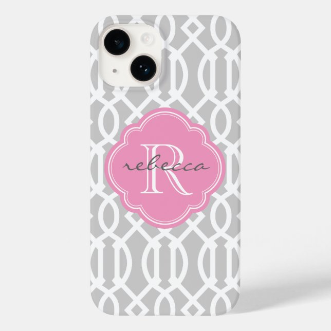 Gray and Pink Modern Trellis Custom Monogram Case-Mate iPhone Case (Back)