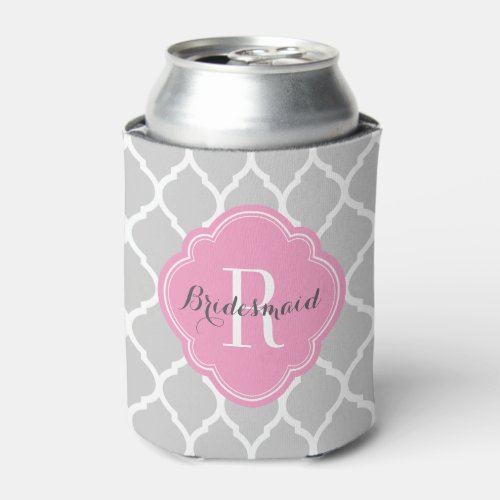 Gray and Pink Moroccan Quatrefoil Monogram Can Cooler