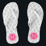 Gray and Pink Moroccan Quatrefoil Monogram Flip Flops<br><div class="desc">Custom printed flip flop sandals with a stylish Moroccan quatrefoil pattern and your custom monogram or other text in a circle frame. Click Customize It to change text fonts and colors or add your own images to create a unique one of a kind design!</div>