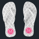 Gray and Pink Moroccan Quatrefoil Monogram Flip Flops<br><div class="desc">Custom printed flip flop sandals with a stylish Moroccan quatrefoil pattern and your custom monogram or other text in a circle frame. Click Customize It to change text fonts and colors or add your own images to create a unique one of a kind design!</div>