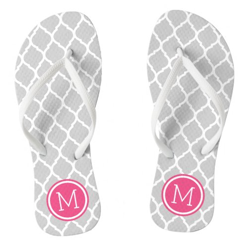 Gray and Pink Moroccan Quatrefoil Monogram Flip Flops