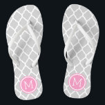 Gray and Pink Moroccan Quatrefoil Monogram Flip Flops<br><div class="desc">Custom printed flip flop sandals with a stylish Moroccan quatrefoil pattern and your custom monogram or other text in a circle frame. Click Customize It to change text fonts and colors or add your own images to create a unique one of a kind design!</div>