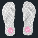 Gray and Pink Moroccan Quatrefoil Monogram Flip Flops<br><div class="desc">Custom printed flip flop sandals with a stylish Moroccan quatrefoil pattern and your custom monogram or other text in a circle frame. Click Customize It to change text fonts and colors or add your own images to create a unique one of a kind design!</div>