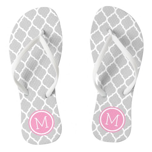 Gray and Pink Moroccan Quatrefoil Monogram Flip Flops