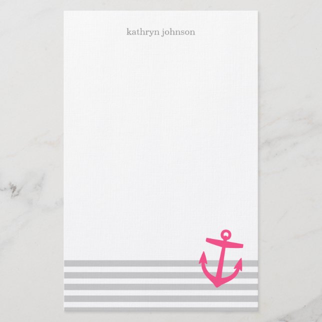 Gray and Pink Nautical Stripes and Cute Anchor Stationery (Front)