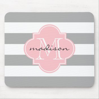 Gray And Pink Nautical Stripes Custom Monogram Mouse Pad by cardeddesigns at Zazzle