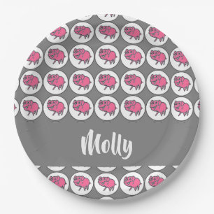 Gray and pink pig pattern paper plates