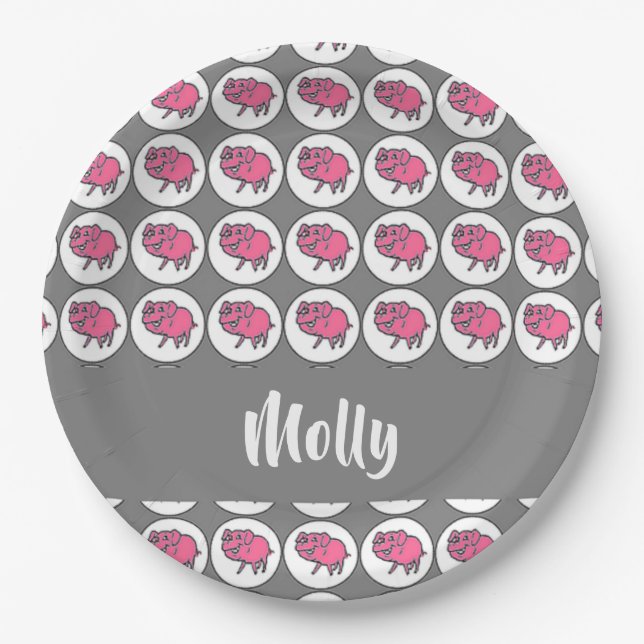 Gray and pink pig pattern paper plates (Front)